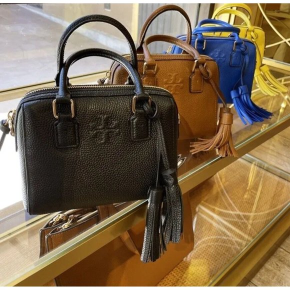 Tory Burch Thea Womens Pink Pebbled Leather Mini Web Satchel Handbag 87899 NWT - Picture 2 of 7